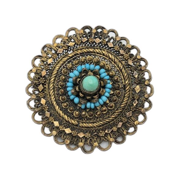 Vintage Jewelry - Vintage Turquoise Filigree Brass Brooch Middle Eastern Brooch Pin